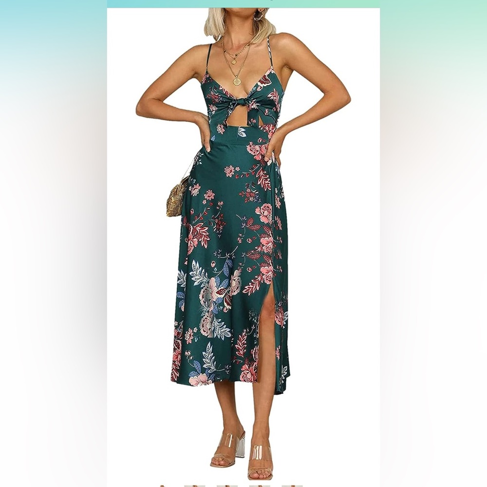 Spaghetti Strap Midi Satin Dress - Tie Front - Backless - Split Dress - Size M